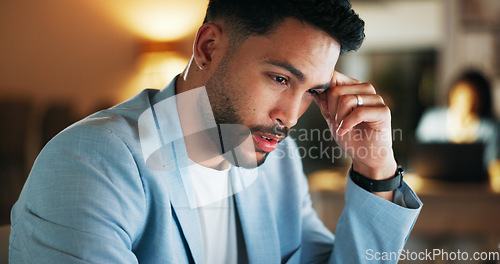 Image of Night headache, stress and business man anxiety, frustrated or fatigue on computer mental health problem. Professional person burnout risk, depression or angry for online job crisis, fail or mistake