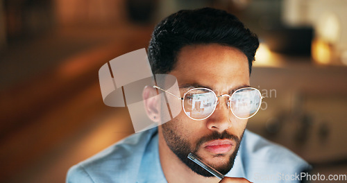 Image of Night, reflection and glasses of businessman at computer for digital, software and web design programming. Strategy, designer and coding with employee in office and overtime for cybersecurity network