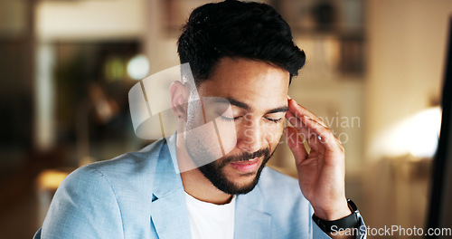 Image of Stress, headache and businessman working on a computer for a project with a deadline in the office. Technology, frustration and professional male employee planning corporate report on pc in workplace