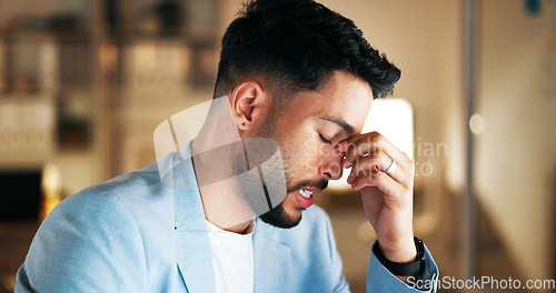 Image of Night headache, stress and business man anxiety, frustrated or fatigue on computer mental health problem. Professional person burnout risk, depression or angry for online job crisis, fail or mistake