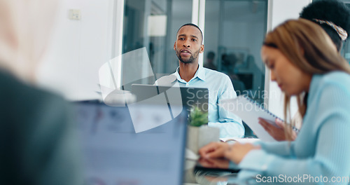 Image of Teamwork, data analysis or business people in meeting on laptop for analytics, planning or project management in office. Research, goals or collaboration on tech for communication, strategy or review