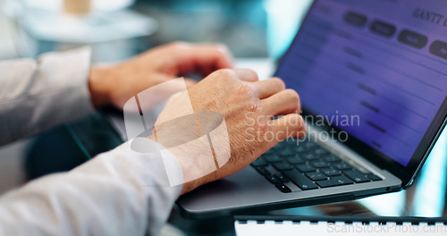 Image of Closeup hands typing, laptop and businessman with schedule planning, calendar and goals for company. Mobile computer keyboard, analytics and data for growth, development or report in modern office