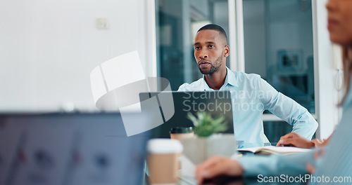 Image of Teamwork, data analysis or business people in meeting on laptop for analytics, planning or project management in office. Research, goals or collaboration on tech for communication, strategy or review