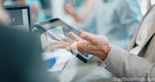 Image of Businessman, hands and tablet in digital marketing for corporate planning, strategy or web design at the office. Hand of executive testing website in discussion for idea, UX or homepage in boardroom