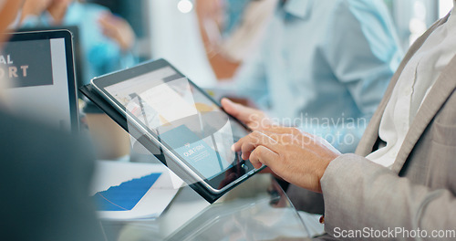 Image of Businessman, hands and tablet in digital marketing for corporate planning, strategy or web design at the office. Hand of executive testing website in discussion for idea, UX or homepage in boardroom