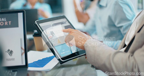 Image of Businessman, hands and tablet in digital marketing for corporate planning, strategy or web design at the office. Hand of executive testing website in discussion for idea, UX or homepage in boardroom