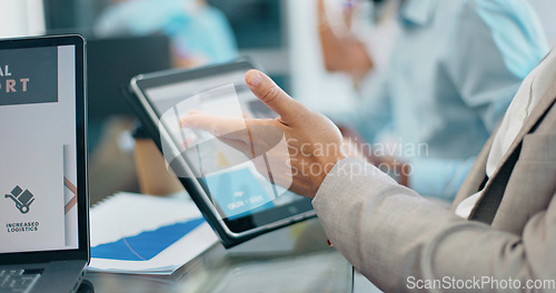 Image of Businessman, hands and tablet in digital marketing for corporate planning, strategy or web design at the office. Hand of executive testing website in discussion for idea, UX or homepage in boardroom