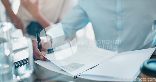 Image of Teamwork, documents or business people in meeting with laptop for analytics, planning or project management in office. Research, paper or collaboration with tech for communication, strategy or review