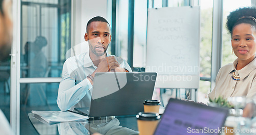 Image of Corporate, black man and team in meeting, brainstorming and feedback for new project, discussion and planning. Staff, African American male leader and employees share ideas, collaboration and talking