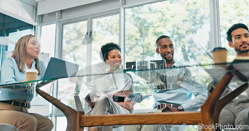 Image of Business people, meeting and planning for strategy, brainstorming or schedule in the boardroom. Group of employee workers sharing ideas in team discussion, project plan or collaboration at the office