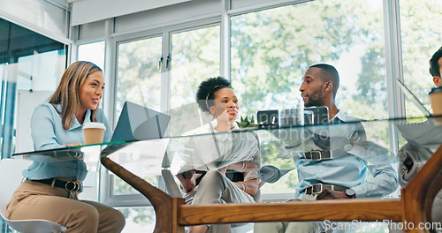 Image of Business people, meeting and planning for strategy, brainstorming or schedule in the boardroom. Group of employee workers sharing ideas in team discussion, project plan or collaboration at the office