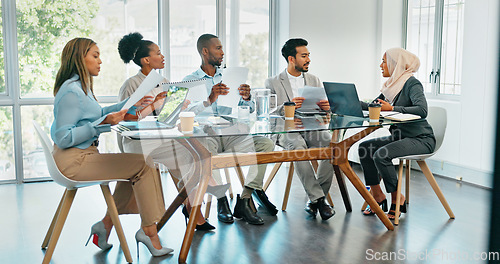 Image of Business people, meeting and planning for strategy, brainstorming or schedule in the boardroom. Group of employee workers sharing ideas in team discussion, project plan or collaboration at the office