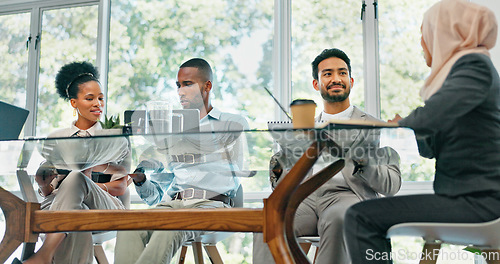 Image of Business people, meeting and planning for strategy, brainstorming or schedule in the boardroom. Group of employee workers sharing ideas in team discussion, project plan or collaboration at the office