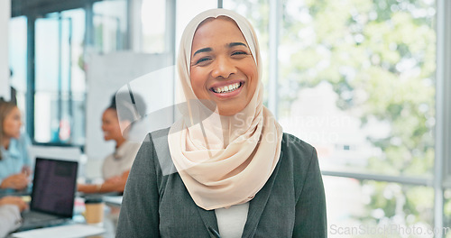 Image of Face, muslim and mindset with a business woman in her office at work wearing a hijab for religion or faith. Portrait, vision and smile with an islamic female employee standing in her workplace