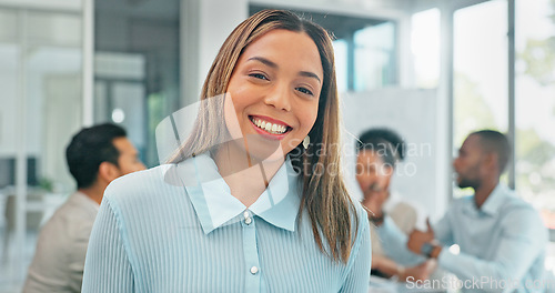 Image of Business, meeting and portrait of woman with smile at workshop for corporate strategy, planning and work on vision. Teamwork, collaboration and diversity, happy employee at financial advisory agency.