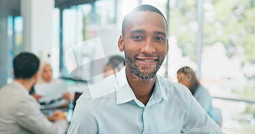 Image of Business man, face and leadership in meeting, success and vision during strategy collaboration in team. African American manager, corporate portrait and teamwork in conference room with career goal