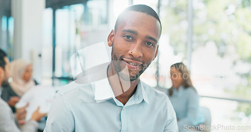 Image of Business man, face and leadership in meeting, success and vision during strategy collaboration in team. African American manager, corporate portrait and teamwork in conference room with career goal