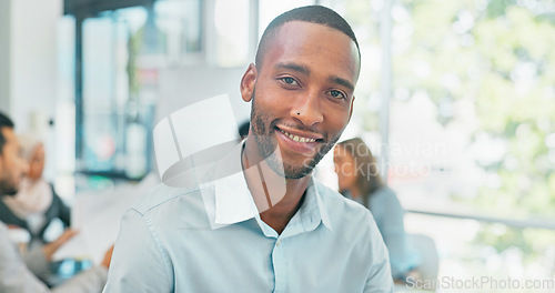 Image of Business man, face and leadership in meeting, success and vision during strategy collaboration in team. African American manager, corporate portrait and teamwork in conference room with career goal