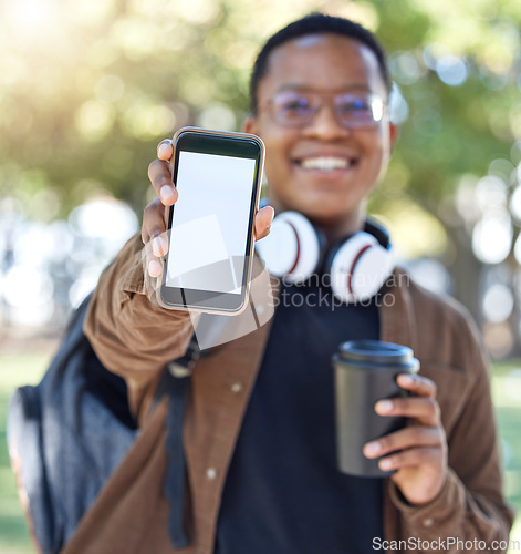 Image of Black man, phone screen mockup and portrait of a gen z student in the morning with bokeh. Smile, blurred background and mock up for social media, brand marketing and networking message outdoor