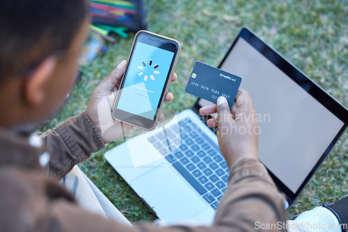 Image of Credit card, phone banking app and loading on a mobile website payment with laptop mockup screen. Online shopping, ecommerce and 5g connectivity of a customer doing a internet sale outdoor on grass