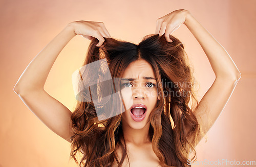Image of Hair care, portrait and woman stress, frizz and messy style against a brown studio background. Face, female and girl with scalp treatment, volume and hair loss with shock, facial expressions or issue