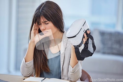 Image of Vr, stress or business woman with headache after exploring metaverse in office. Mental health, anxiety or female with migraine, pain or depression, fatigue or burnout after virtual reality experience