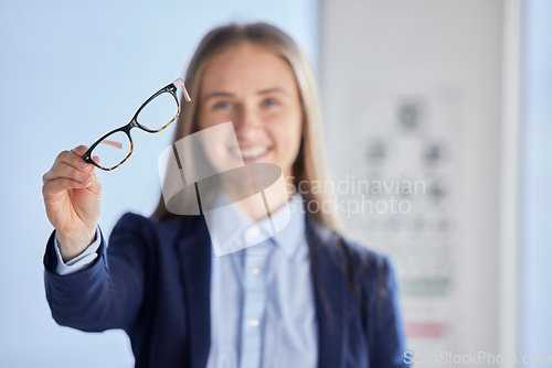 Image of Portrait, woman and glasses with clear vision, happiness and health with care, blur and joy in office. Face, female customer and lady with eyewear, sight and see with spectacles and prescription lens