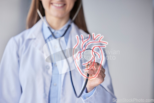 Image of Heart diagram, stethoscope and cardiology help of a woman doctor in a hospital with a smile. Health, wellness and medical about us work of a female healthcare worker and consulting employee at clinic