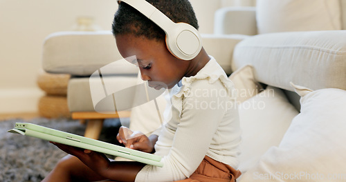 Image of Language learning, headphones and black child with tablet for online education translation website or video call. Relax kid with digital technology listening and speaking for online learning games