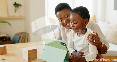 Image of Tablet, black mother and girl on video call, being happy and wave with smile in living room at home. Mama, child and daughter with digital device for connect, smile and bonding to blow kiss in lounge