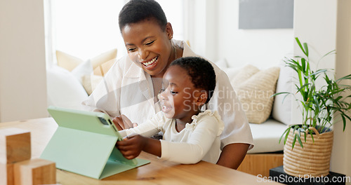 Image of Tablet, black mother and girl on video call, being happy and wave with smile in living room at home. Mama, child and daughter with digital device for connect, smile and bonding to blow kiss in lounge