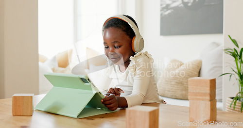 Image of Language learning, headphones and black child with tablet for online education translation website or video call. Relax kid with digital technology listening and speaking for online learning games
