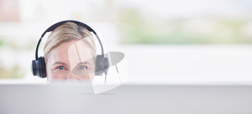 Image of Call center portrait, woman on computer, consultant or agent in customer support, virtual communication and consulting service. Online advisor, telecom person or worker face in headset, pc and mockup
