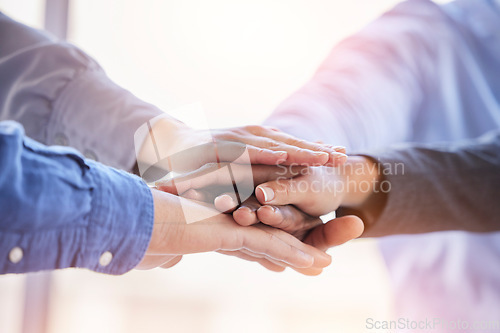Image of Teamwork, collaboration closeup and hands stacked for, support and project mission and business team startup. Group of people together hand sign for community goals, employees or friends solidarity