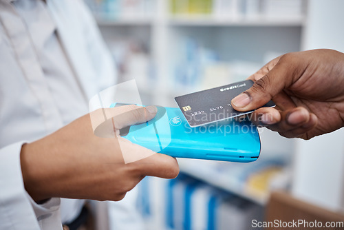 Image of Credit card, hands and payment tap machine for retail, healthcare and people in pharmacy drug store. Money, technology and shopping for prescription medicine, health insurance and customer buying