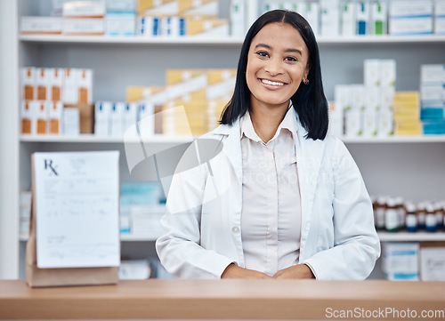 Image of Pharmacy portrait, medicine pills and pharmacist in drugs store, pharmaceutical shop or healthcare dispensary. Hospital retail manager, package stock product and happy medical woman for help support