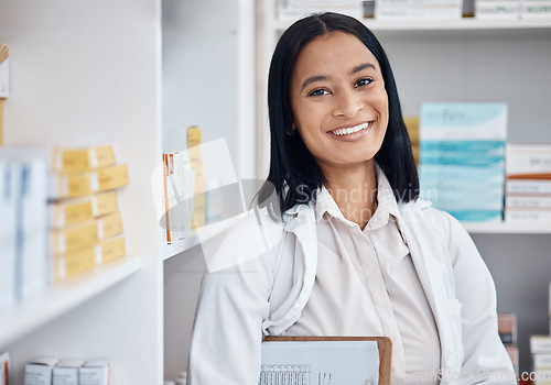 Image of Pharmacy portrait, product inventory and pharmacist stock take in drugs store, pharmaceutical shop or healthcare dispensary. Retail clinic, pills shelf or happy medical woman with clipboard checklist