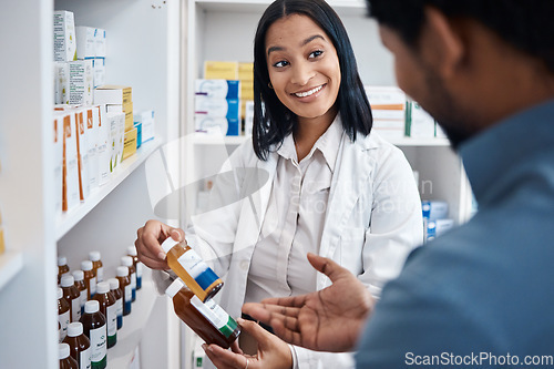 Image of Pharmacy medicine bottle, customer and woman help man with pills choice, pharmaceuticals decision or product shopping. Healthcare retail shop, drugs store client and pharmacist for medical support