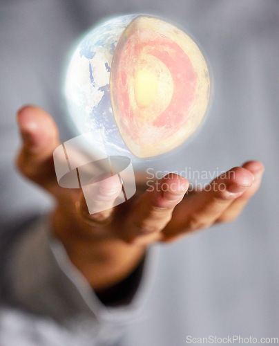 Image of Globe hologram, earth and hands of woman with 3d digital model for global warming mockup. Science anatomy, holographic planet and futuristic illustration for geography, geology layer and world sphere