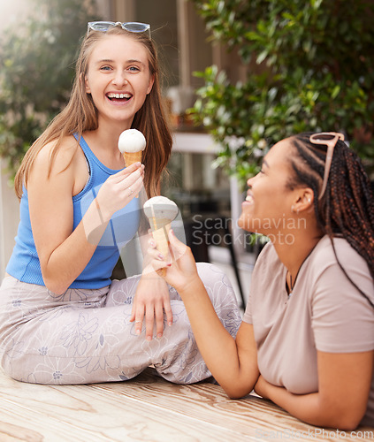 Image of Friends eating ice cream, happy with dessert outdoor and travel with freedom, snack and smile while on holiday. Diversity, happiness and eat gelato, summer and together with women bonding in Italy