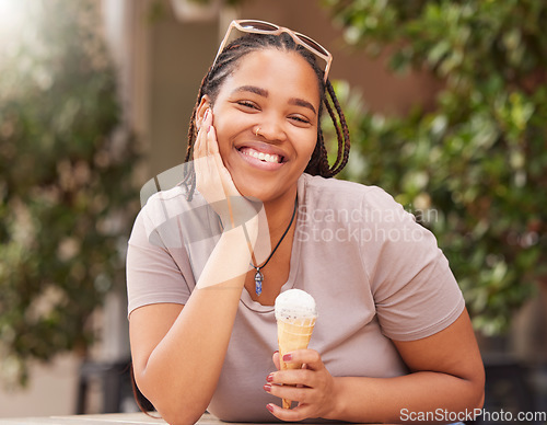 Image of Black woman with ice cream, happy with dessert and portrait outdoor, travel with freedom and snack with smile. African female, happiness and eating gelato, summer holiday and care free in Italy