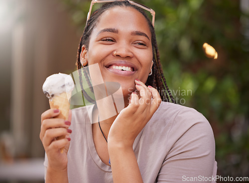 Image of Black woman with ice cream, smile with dessert outdoor and travel with freedom, snack and happy while on holiday. African female, happiness and eating gelato, summer and care free outside in Italy