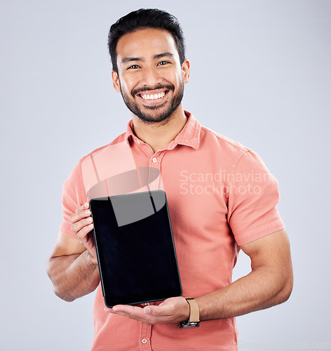 Image of Asian man, portrait or tablet screen on isolated studio background on finance mockup, fintech mock up or loan product placement. Smile, happy or freelance trader on technology, stock market or deal