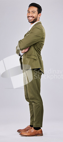 Image of Fashion, ceo and portrait of business man on white background for success, leadership and confident. Corporate mockup, boss and male with crossed arms, happy and smile in professional suit in studio