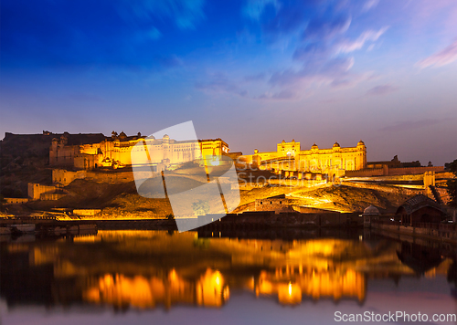 Image of Amer Fort at night in twilight. Jaipur, Rajastan,