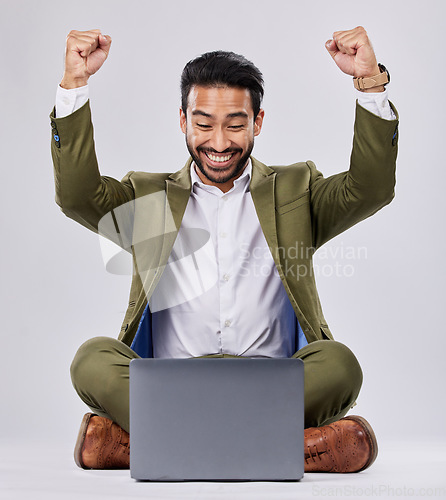 Image of Asian man, laptop or success fist on isolated studio background for financial growth, stock market deal or future security. Smile, happy or cheering businessman with winner hands, technology or loan