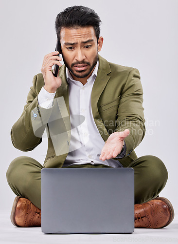 Image of Businessman stress, phone call or laptop on isolated studio background in finance phishing, investment hacking or stock market loss. Worry, fear or talking corporate man and mobile technology anxiety