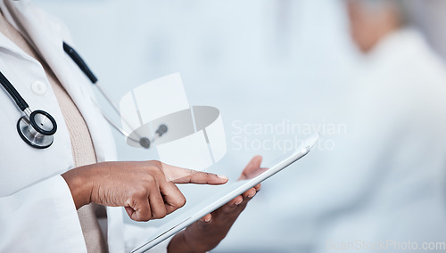 Image of Hands, digital tablet and doctor at hospital, online and browsing against blurred background. Mockup, internet and schedule app for healthcare person at a clinic for planning, consulting or checkup