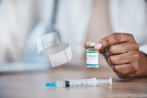 Image of Monkeypox vaccine, medical hands and doctor with medicine bottle, healthcare or booster vial for disease protection. Hospital nurse mockup, pharmacy pharmacist and black woman with virus immunization