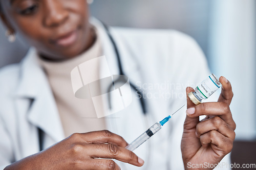 Image of Monkeypox vaccine, medical needle and doctor nurse with medicine bottle, healthcare vial or booster injection. Disease protection, pharmacy pharmacist and black woman with hospital virus treatment